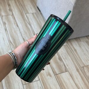 Disney Starbucks Haunted Mansion Green and Black Striped Tumbler with Straw